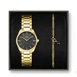 Coffret Cluse Gift Box Féroce Mini Watch Black & Chain Bracelet, Gold Colour - - CG11701