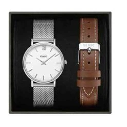 Montre Cluse Coffret Minuit Watch & Brown Leather Strap Silver Colour - - CG10207