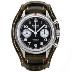 Montre Hanhart 417 ES - 42 Mm - Flyback Panda - 1954 - Croco Kaki Mécanique Diamètre 39 Mm- H721.211-7010-crocokaki